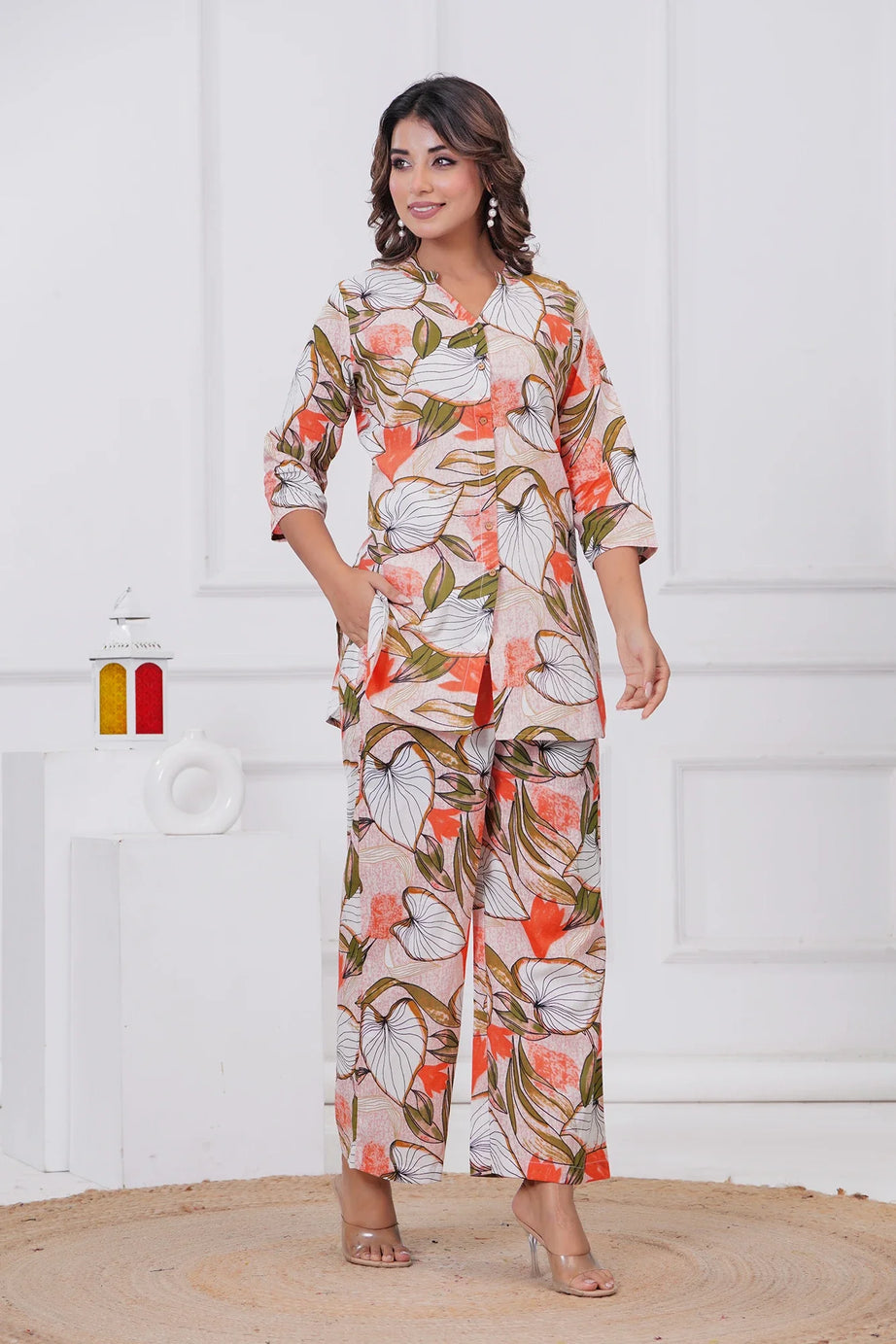 Peach Leaves Floral V Neck Co-Ord Set