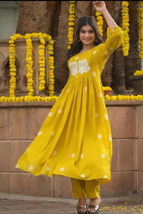 Mustard Anarkali Embroidered Kurti with Pant