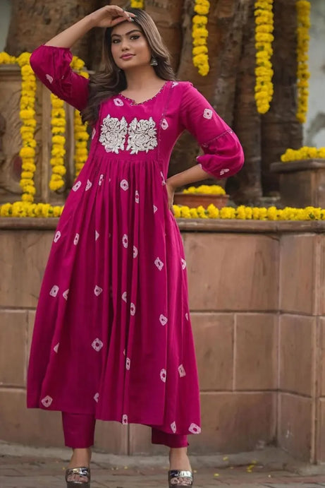 Pink Anarkali Embroidered Kurti with Pant