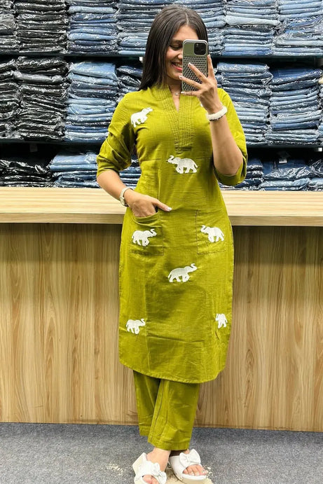 Olive Elephant Embroidered Kurta with Pant