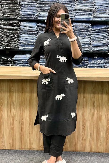 Black Elephant Embroidered Kurta with Pant