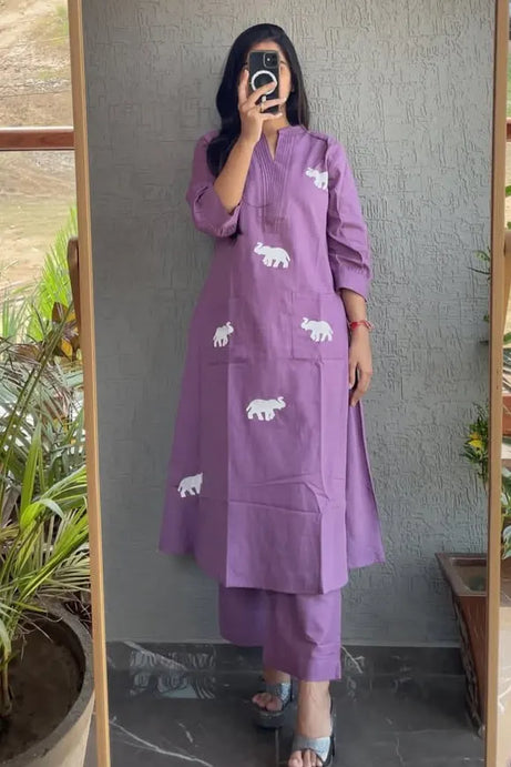 Purple Elephant Embroidered Kurta with Pant