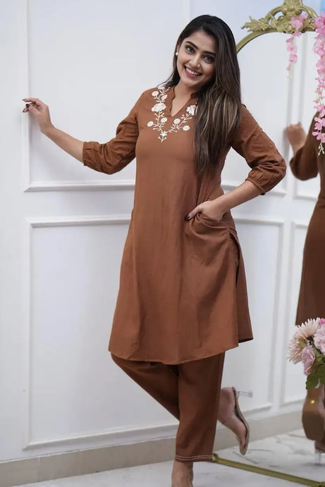 Brown Embroidered Cotton Kurta Set