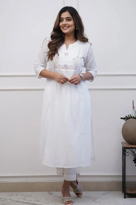 White Embroidered Straight Kurta Set