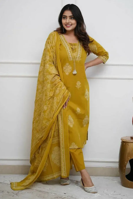 Mustard Cotton Printed Kurta Set with Dupatta