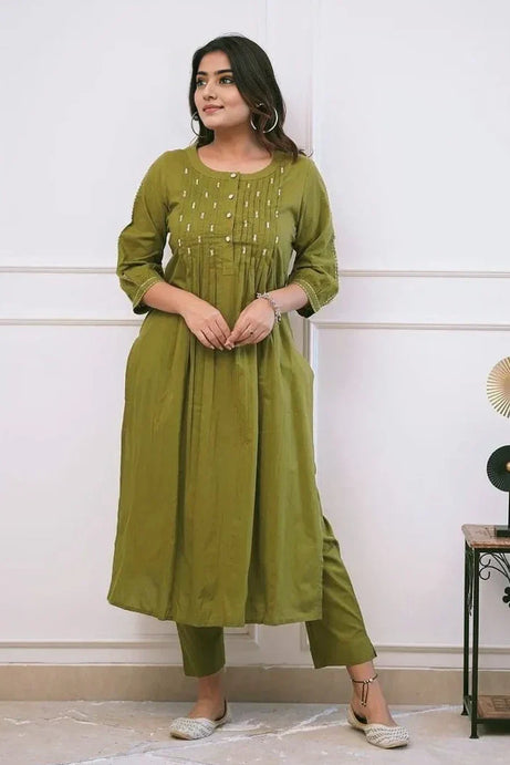 Olive Pintex A-Line Kurta Set