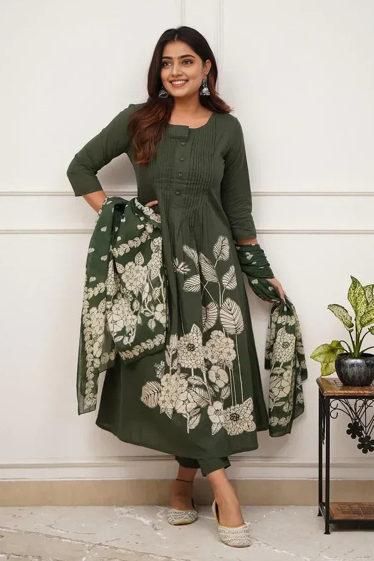 Army Green Floral Kurti Set with Dupatta