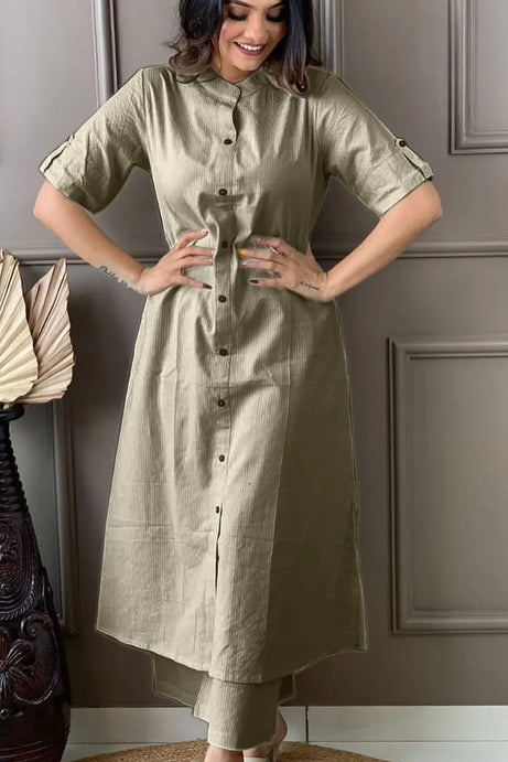 Khaki Cotton Katha Work Palazzo Co-ord Set