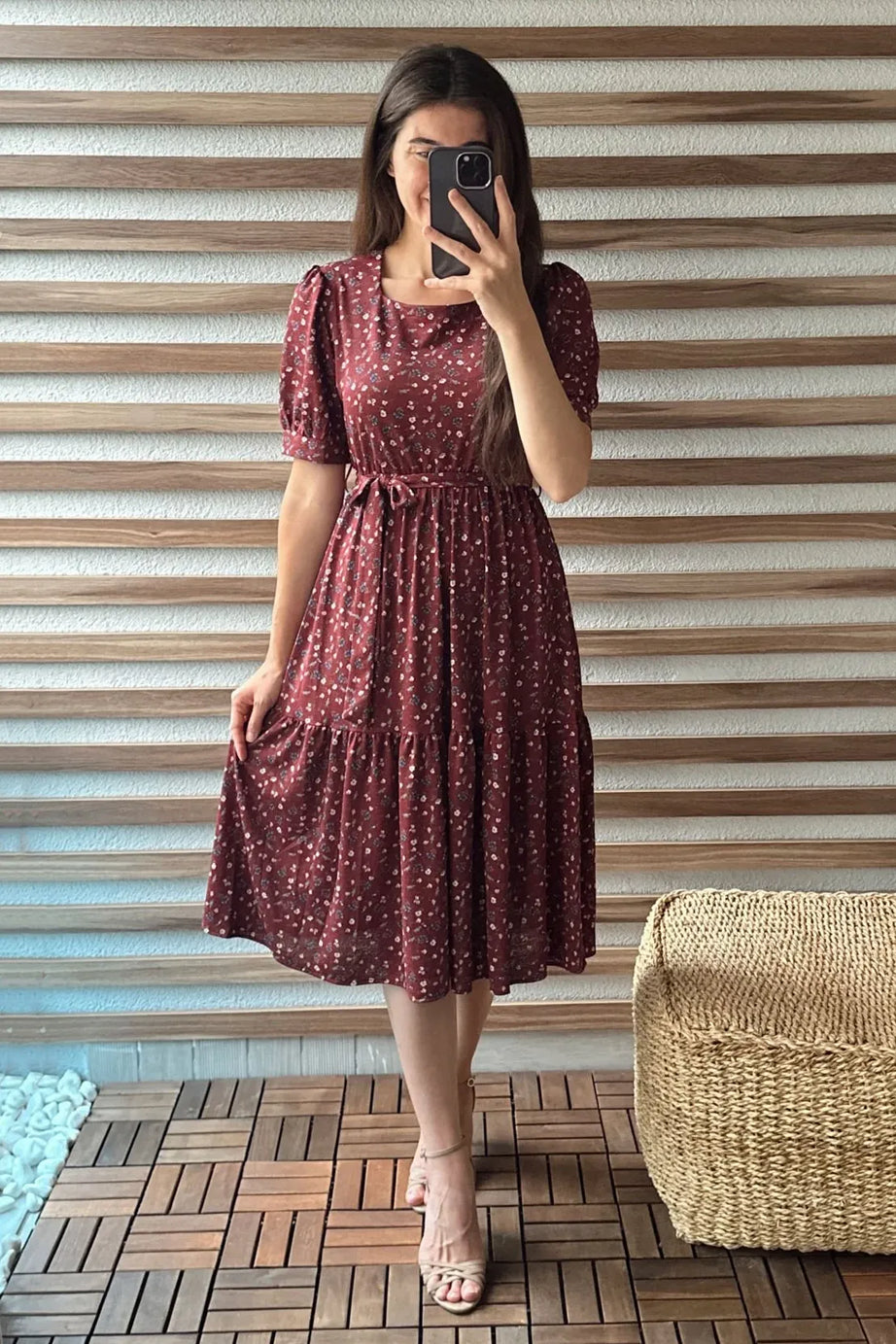 Maroon Floral Puff Sleeves Midi Dress