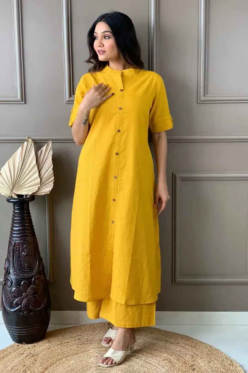 Mustard Cotton Katha Work Palazzo Co-ord Set