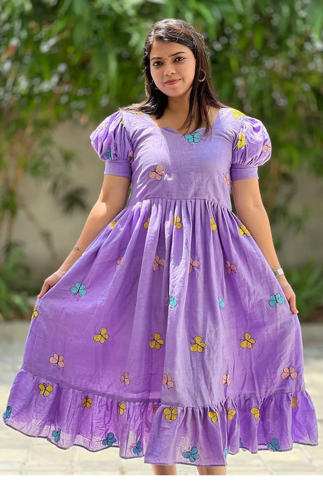 Purple Butterfly Embroidered Midi Dress