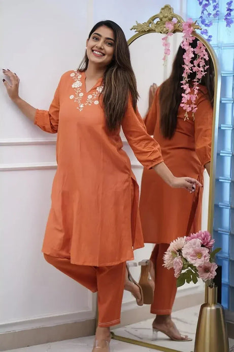 Orange Embroidered Cotton Kurta Set