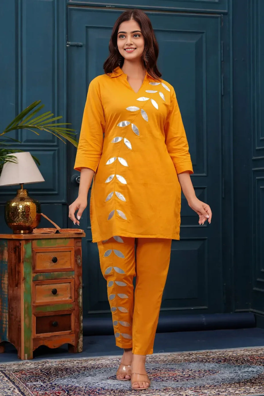 Orange Foil Leaves Kurta with Pant