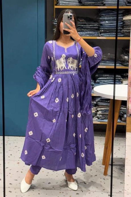 Purple Embroidered Kurta with Pant and Dupatta