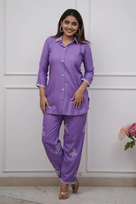 Purple Embroidered Kurta with Pant