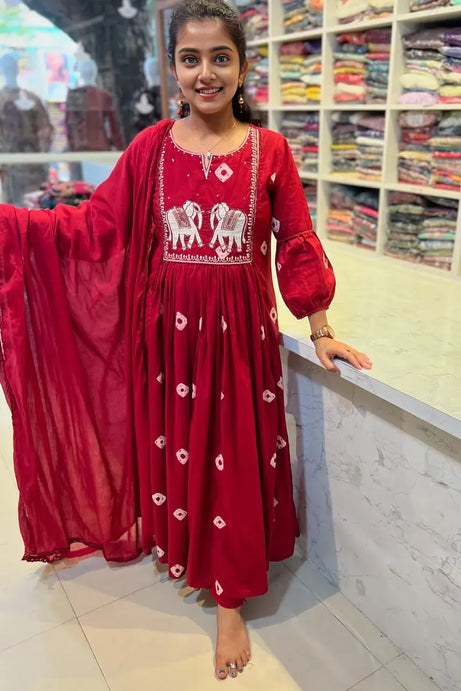 Red Embroidered Kurta with Pant and Dupatta