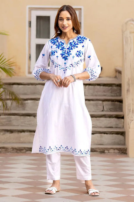 White Aari Work Kurta with Pant