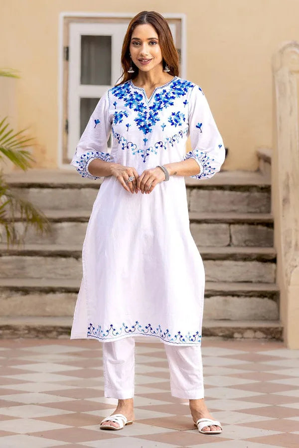 White Aari Work Kurta with Pant