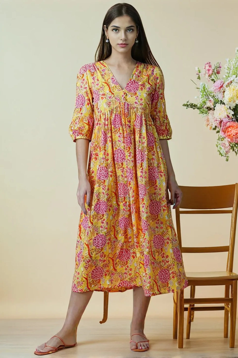 Yellow Floral Anarkali Midi Dress